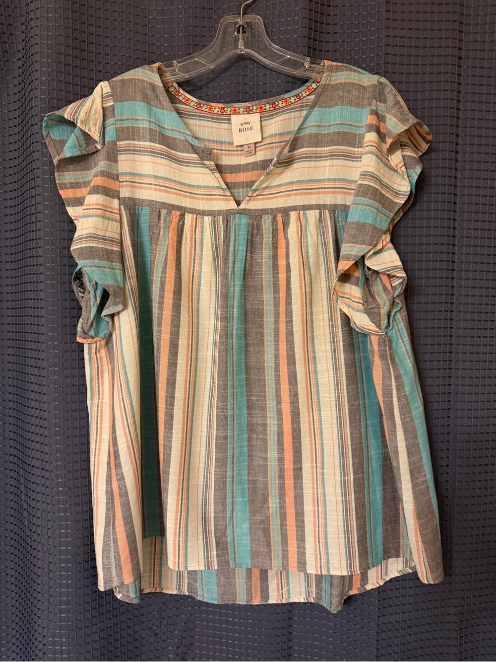 Love Tree Teal Cream Tan Striped Ruffle Sleeve Tunic